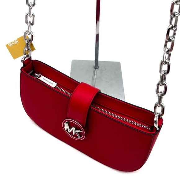 Michael Kors Carmen Small Pouchette Crossbody Bag Red/Silver - Picture 9 of 11